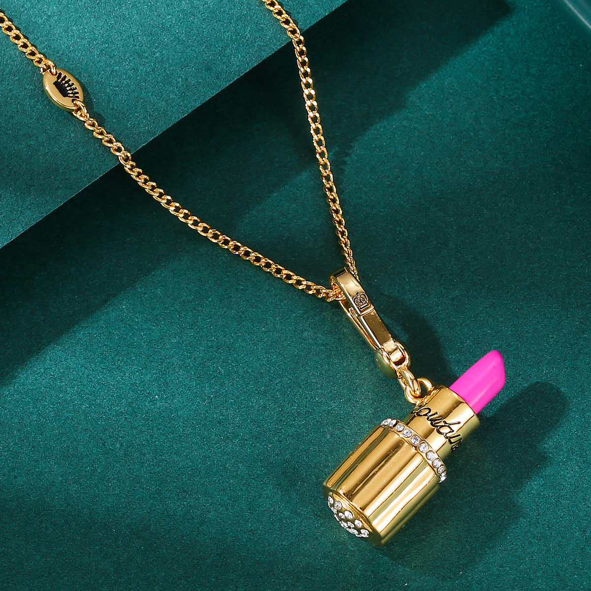 Enamel glazed diamond studded metal letters Barbie pink lipstick rotatable pendant necklace